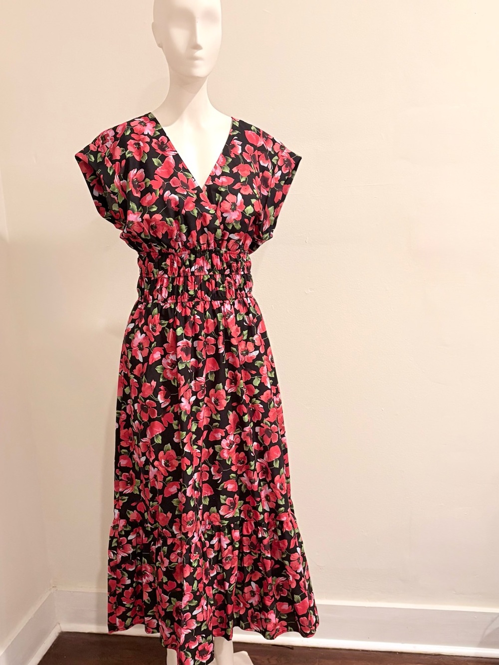 Maeve Black Maxi Dress with Pink Floral Print